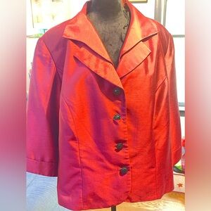 Woman's Vintage Red Le Bos Blouse Size 24 W/Double Collar, Cuffed Slvs & Lining